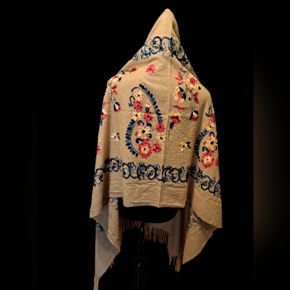 Jessica McClintock Floral Embroidered Fringe Shawl-Scarf 72x 30" Several Colors - Picture 9 of 9